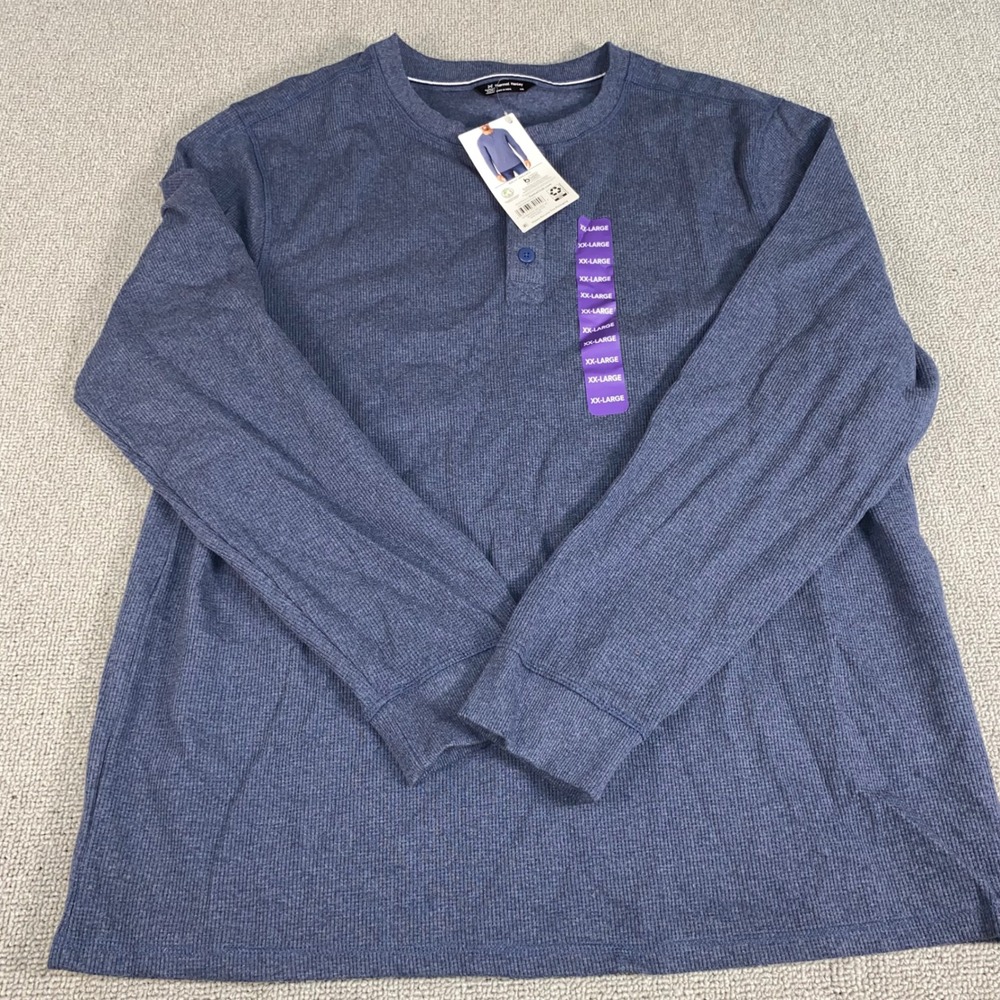 Member's Mark Thermal Henley Shirt Mens XXL Blue Long Sleeve Waffle Knit NWT